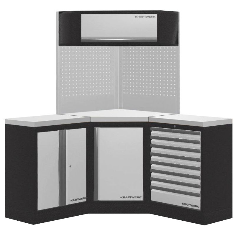 Kraftwerk Mobilio Werkstatteinrichtung, Werkbank 3er Eck-Kombi, 9 Schubladen, 3 Schränke, Vierkant-Lochwand, Arbeitsplatte Edelstahl