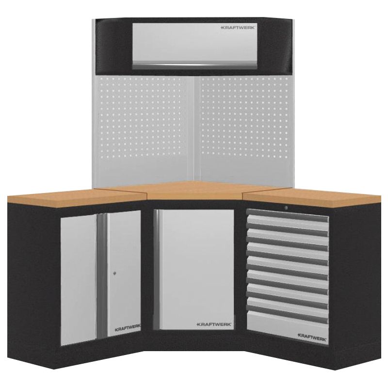 Kraftwerk Mobilio Werkstatteinrichtung, Werkbank 3er Eck-Kombi, 9 Schubladen, 3 Schränke, Vierkant-Lochwand, Arbeitsplatte Buche Multiplex