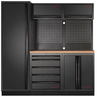 Kraftwerk Mobilio Werkstatteinrichtung DEEP 721 mm Tiefe, Werkbank Black Edition 3er Kombi mit 5 Schubladen, 4 Schränken, Vierkant-Lochwand, Arbeitsplatte Buche
