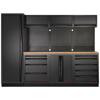 Kraftwerk Mobilio Werkstatteinrichtung DEEP 721 mm Tiefe, Werkbank Black Edition 4er Kombi mit 9 Schubladen, 5 Schränken, Vierkant-Lochwand, Arbeitsplatte Buche