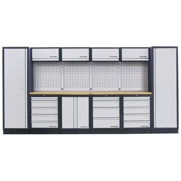 Kraftwerk Mobilio Werkstatteinrichtung, Werkbank 6er Kombi mit 14 Schubladen, 7 Schränken, Vierkant-Lochwand, Arbeitsplatte Buche Multiplex