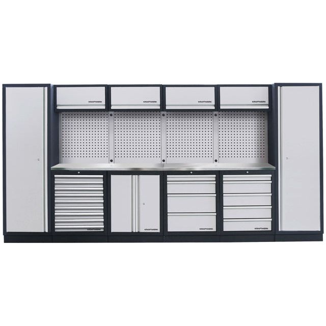 Kraftwerk Mobilio Werkstatteinrichtung, Werkbank 6er Kombi mit 18 Schubladen, 7 Schränken, Vierkant-Lochwand, Arbeitsplatte Edelstahl