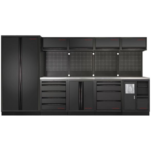 Kraftwerk Mobilio Werkstatteinrichtung, Werkbank Black Edition 5er Kombi mit 9 Schubladen, 6 Schränken, Papierrollenhalter, Vierkant-Lochwand