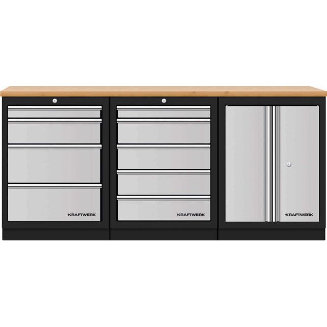 Kraftwerk Mobilio Werkstatteinrichtung, Werkbank 3er Unterschrank-Kombi, 9 Schubladen, 1 Schrank, Arbeitsplatte Buche Multiplex