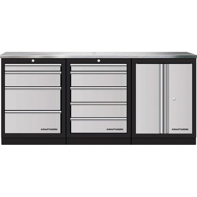 Kraftwerk Mobilio Werkstatteinrichtung, Werkbank 3er Unterschrank-Kombi, 9 Schubladen, 1 Schrank, Arbeitsplatte Edelstahl