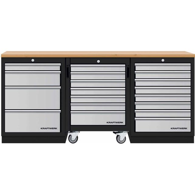 Kraftwerk Mobilio Werkstatteinrichtung, Werkbank 3er Unterschrank-Kombi, 12 Schubladen, Unterschrankrollwagen, Arbeitsplatte Buche Multiplex