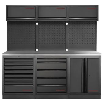 Kraftwerk Mobilio Werkstatteinrichtung, Werkbank Black Edition 3er Kombi, 13 Schubladen, 4 Schränke, Vierkant-Lochwand, Arbeitsplatte Edelstahl