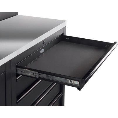 Kraftwerk Mobilio Werkstatteinrichtung, Werkbank Black Edition 3er Kombi, 13 Schubladen, 4 Schränke, Vierkant-Lochwand, Arbeitsplatte Edelstahl