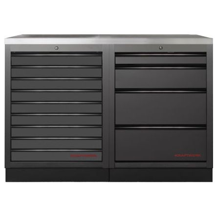 Kraftwerk Mobilio Werkstatteinrichtung, Werkbank Black Edition 2er Unterschrank-Kombi, 13 Schubladen, Arbeitsplatte Edelstahl