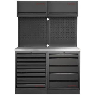Kraftwerk Mobilio Werkstatteinrichtung, Werkbank Black Edition 2er Kombi, 14 Schubladen, 2 Oberschränke, Vierkant-Lochwand, Arbeitsplatte Edelstahl