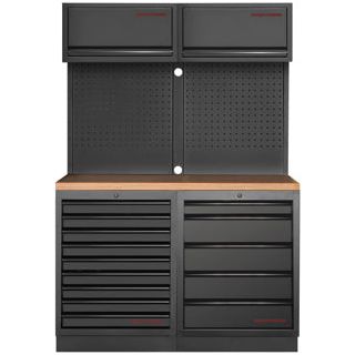 Kraftwerk Mobilio Werkstatteinrichtung, Werkbank Black Edition 2er Kombi, 14 Schubladen, 2 Oberschränke, Vierkant-Lochwand, Arbeitsplatte Buche