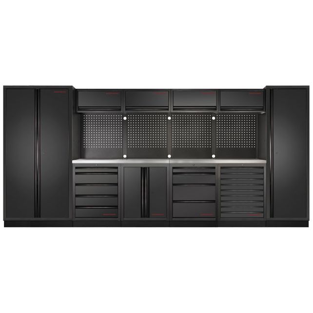 Kraftwerk Mobilio Werkstatteinrichtung, Werkbank Black Edition 6er Kombi, 17 Schubladen, 7 Schränke, Vierkant-Lochwand, Arbeitsplatte Edelstahl