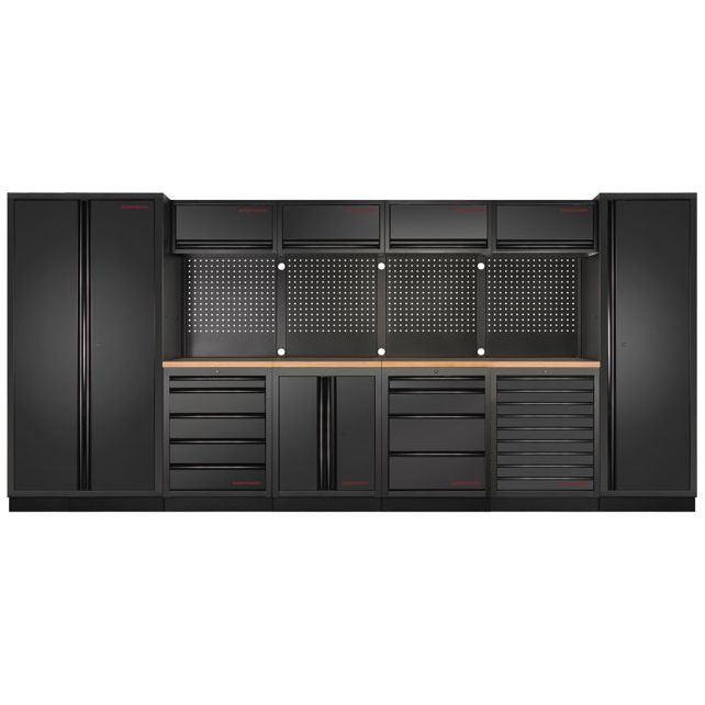 Professional black modular tool cabinet system from Tools.de, featuring tall storage units, multiple deep drawers with red accents, perforated pegboard panels for tool organization, and a sturdy wooden workbench top for garage or workshop efficiency.
