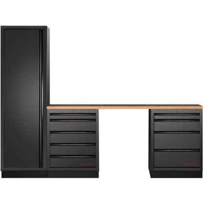 Kraftwerk Mobilio Werkstatteinrichtung, Werkbank Black Edition 3er Schrank-Kombi, 9 Schubladen, 1 Hochschrank, Arbeitsplatte Buche Multiplex