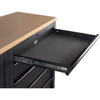 Kraftwerk Mobilio Werkstatteinrichtung, Werkbank Black Edition 3er Schrank-Kombi, 9 Schubladen, 1 Hochschrank, Arbeitsplatte Buche Multiplex