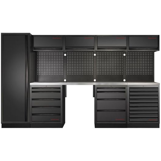 Kraftwerk Mobilio Werkstatteinrichtung, Werkbank Black Edition 5er Kombi, 18 Schubladen, 5 Schränke, Vierkant-Lochwand, Arbeitsplatte Edelstahl
