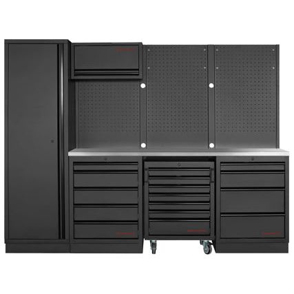 Kraftwerk Mobilio Werkstatteinrichtung, Werkbank Black Edition 4er Kombi, 9 Schubladen, 2 Schränke, Unterschrank-Werkstattwagen, Vierkant-Lochwand