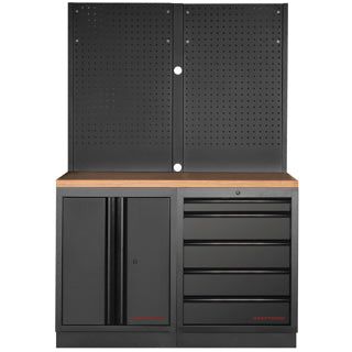 Kraftwerk Mobilio Werkstatteinrichtung, Werkbank Black Edition 2er Unterschrank-Kombi, 5 Schubladen, 1 Schrank, Vierkant-Lochwand, Arbeitsplatte Buche