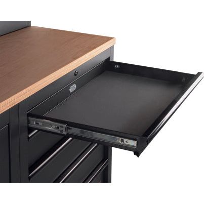 Kraftwerk Mobilio Werkstatteinrichtung, Werkbank Black Edition 2er Unterschrank-Kombi, 5 Schubladen, 1 Schrank, Vierkant-Lochwand, Arbeitsplatte Buche