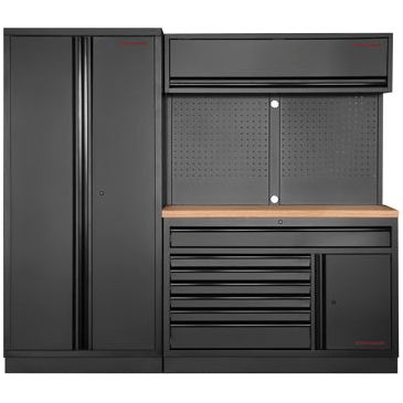 Kraftwerk Mobilio Werkstatteinrichtung, Werkbank Black Edition 2er Kombi breit mit 7 Schubladen, 3 Schränken, Vierkant-Lochwand, Arbeitsplatte Buche