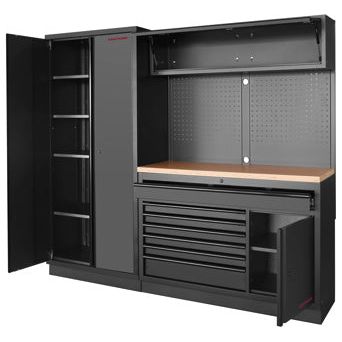 Kraftwerk Mobilio Werkstatteinrichtung, Werkbank Black Edition 2er Kombi breit mit 7 Schubladen, 3 Schränken, Vierkant-Lochwand, Arbeitsplatte Buche