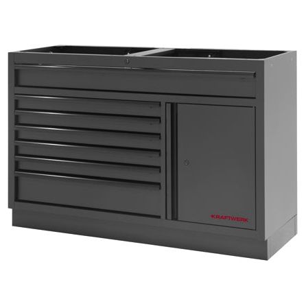 Kraftwerk Mobilio Werkstatteinrichtung, Werkbank Black Edition 2er Kombi breit mit 7 Schubladen, 3 Schränken, Vierkant-Lochwand, Arbeitsplatte Buche