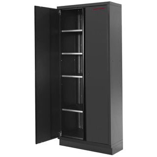 Kraftwerk Mobilio Werkstatteinrichtung, Werkbank Black Edition 2er Kombi breit mit 7 Schubladen, 3 Schränken, Vierkant-Lochwand, Arbeitsplatte Buche