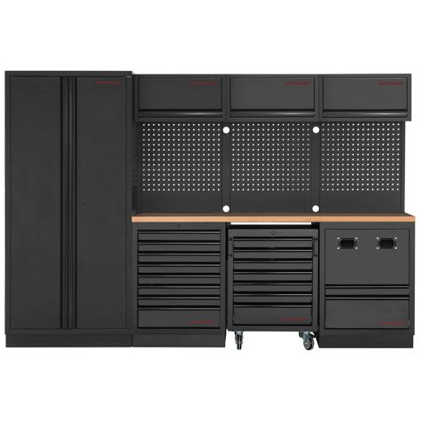 Kraftwerk Mobilio Werkstatteinrichtung, Werkbank Black Edition 4er Kombi mit 8 Schubladen, 4 Schränken, Kabel- und Schlauchaufroller