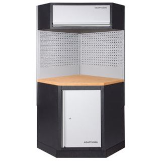 Kraftwerk Mobilio Werkstatteinrichtung, Werkbank Eck-Element, 2 Schränke, Vierkant-Lochwand, Arbeitsplatte Buche Multiplex