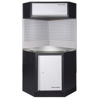 Kraftwerk Mobilio Werkstatteinrichtung, Werkbank Eck-Element, 2 Schränke, Vierkant-Lochwand, Arbeitsplatte Edelstahl