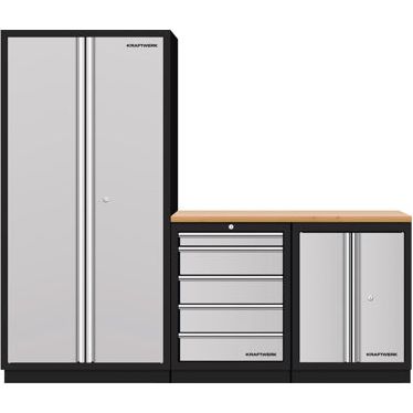 Kraftwerk Mobilio Werkstatteinrichtung, Werkbank 3er Kombi, 5 Schubladen, 2 Schränke, Arbeitsplatte Buche Multiplex