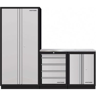 Kraftwerk Mobilio Werkstatteinrichtung, Werkbank 3er Kombi, 5 Schubladen, 2 Schränke, Arbeitsplatte Edelstahl