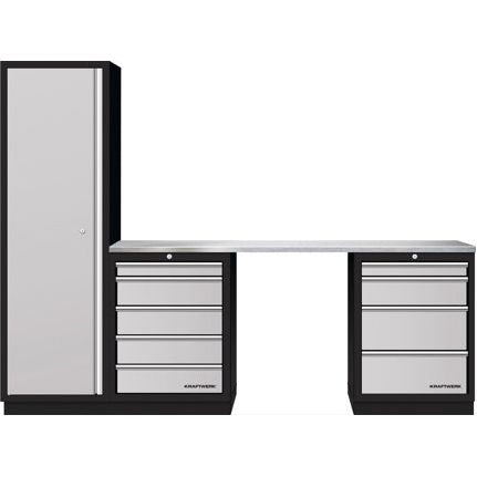 Kraftwerk Mobilio Werkstatteinrichtung, Werkbank 3er Schrank-Kombi, 9 Schubladen, 1 Hochschrank, Arbeitsplatte Edelstahl