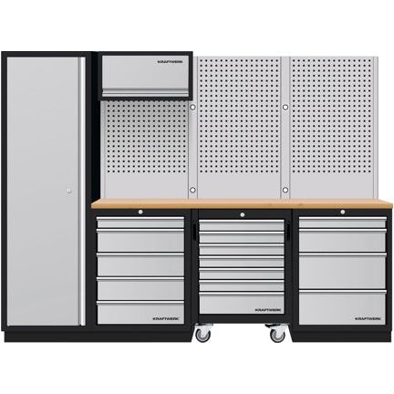 Kraftwerk Mobilio Werkstatteinrichtung, Werkbank 4er Kombi, 9 Schubladen, Schränke, Unterschrank-Werkstattwagen, Vierkant-Lochwand, Arbeitsplatte