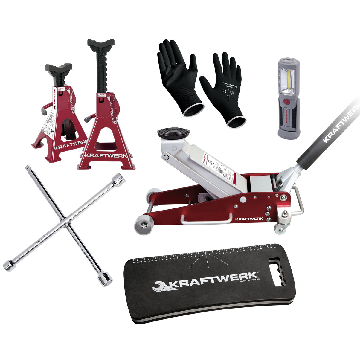 Kraftwerk Radwechsel Set mit 2,5 t Wagenheber, Unterstellböcken, Rad-Kreuzschlüssel und Zubehör, 6-tlg