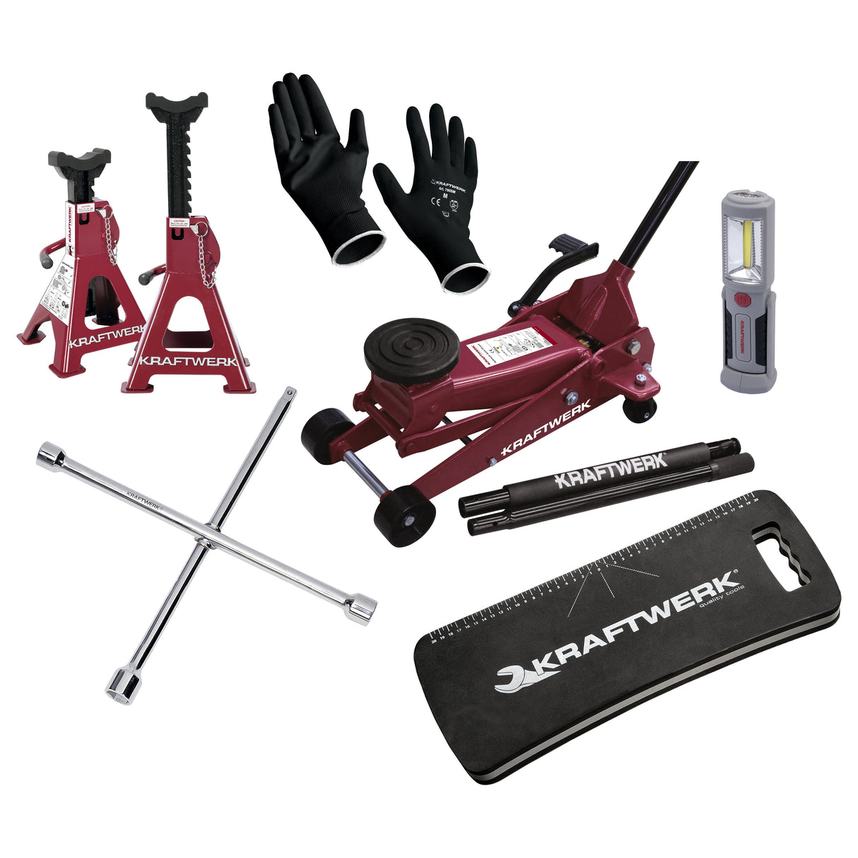 Kraftwerk Radwechsel Set mit 3 t Wagenheber, Unterstellböcken, Rad-Kreuzschlüssel und Zubehör, 6-tlg