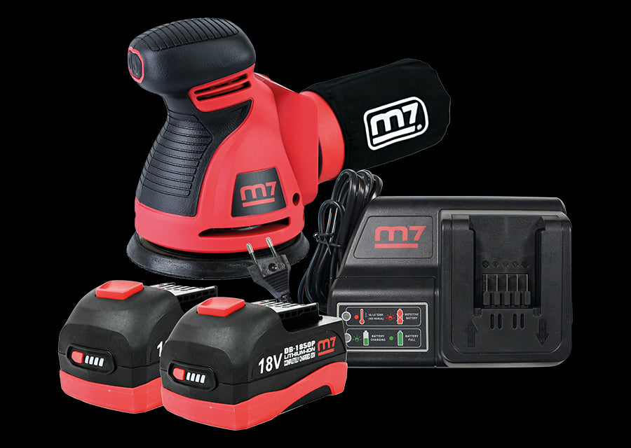 M7 Power-Werkzeuge - Akku-Exzenterschleifer 18V 125mm mit Ladegerät + 2 Akku 5Ah DOS501A