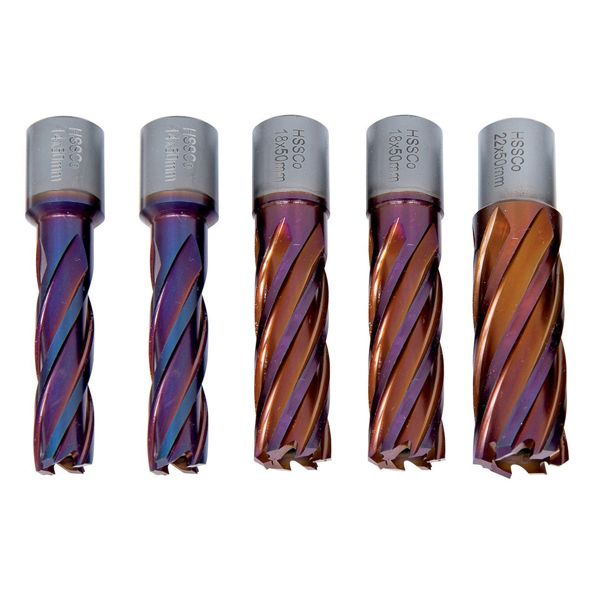 BERNARDO Zubehör Magnet-Kernbohrmaschine – Modell HSSCO5-Kernbohrer CDL, nACO-beschichtet, 14/18/22 mm, Bohrtiefe 50 mm, 5 tlg.