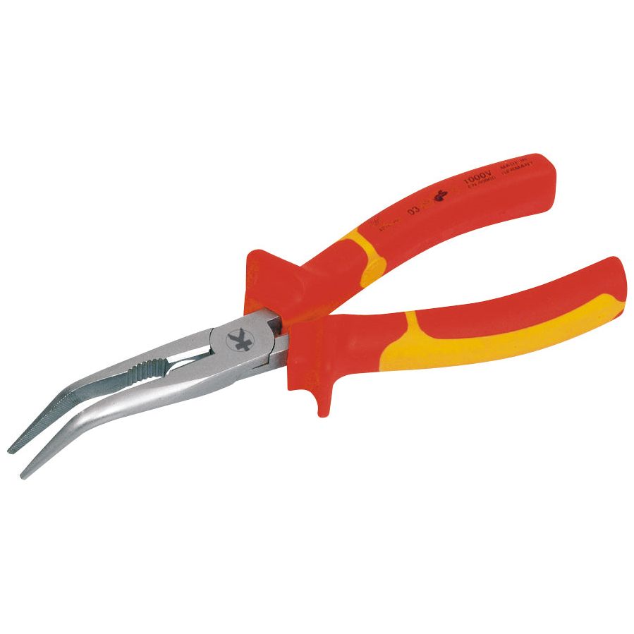 Kraftwerk Hightech VDE Flachrundzange mit Schneide, Storchschnabelzange, 45° abgewinkelt, 205 mm