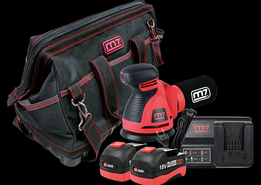 M7 Power-Werkzeuge - Akku-Exzenterschleifer 18V mit Ladegerät + 2 Akku 5Ah + BA80129 DOS501AB