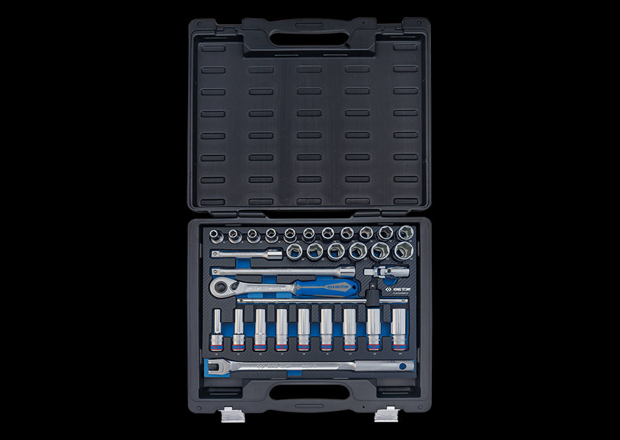 KING TONY Profi-Werkzeuge - 1/2" 6-Kant Steckschlüssel-Set, EVAWAVE, Zubehör - 32 tlg. 4532MRE10