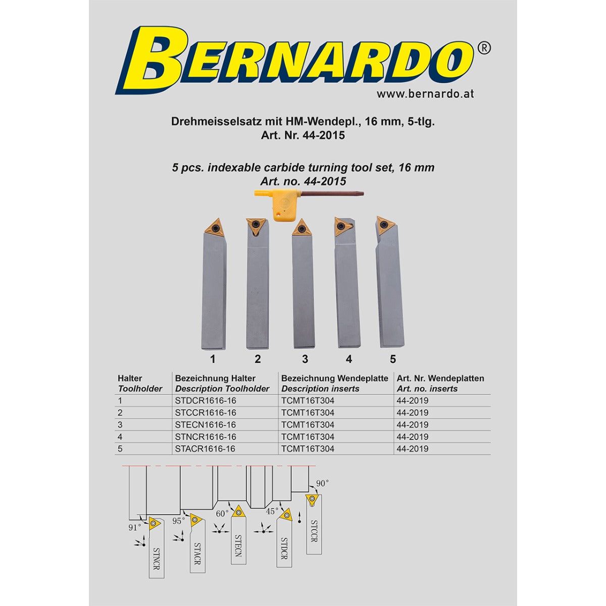 BERNARDO Drehmeisselsätze – Modell Drehmeißelsatz mit HM-Wendeplatte, 16 mm, 5-tlg.