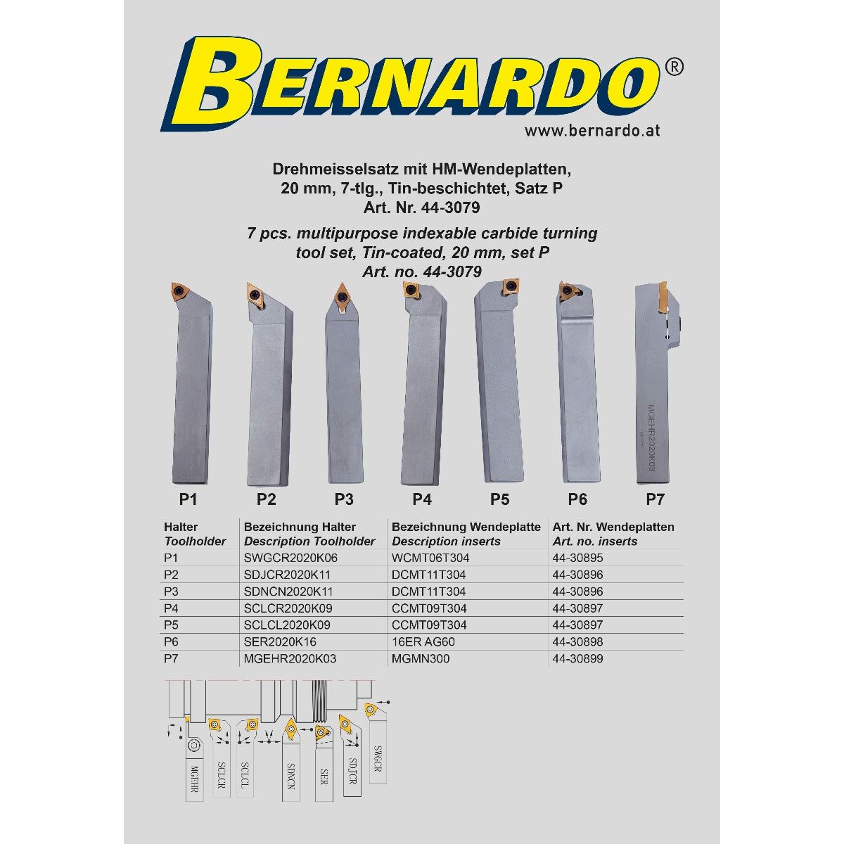 BERNARDO Drehmeisselsätze – Modell Drehmeißelsatz mit HM-Wendeplatte, 20 mm, Satz P