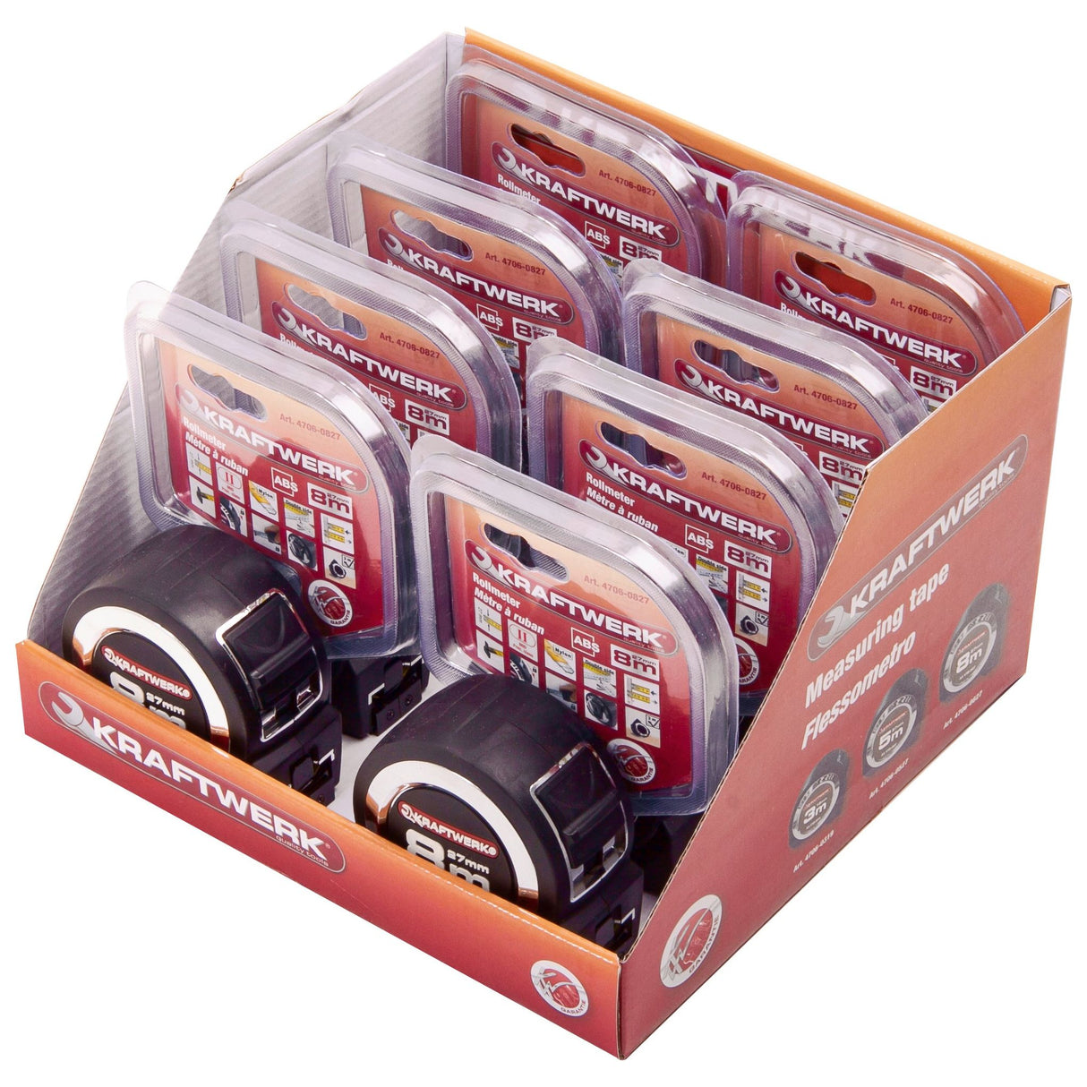 Kraftwerk PRO LINE Profi-Bandmass, magnetisch, 8 m, Verkaufsdisplay mit 8 Stk
