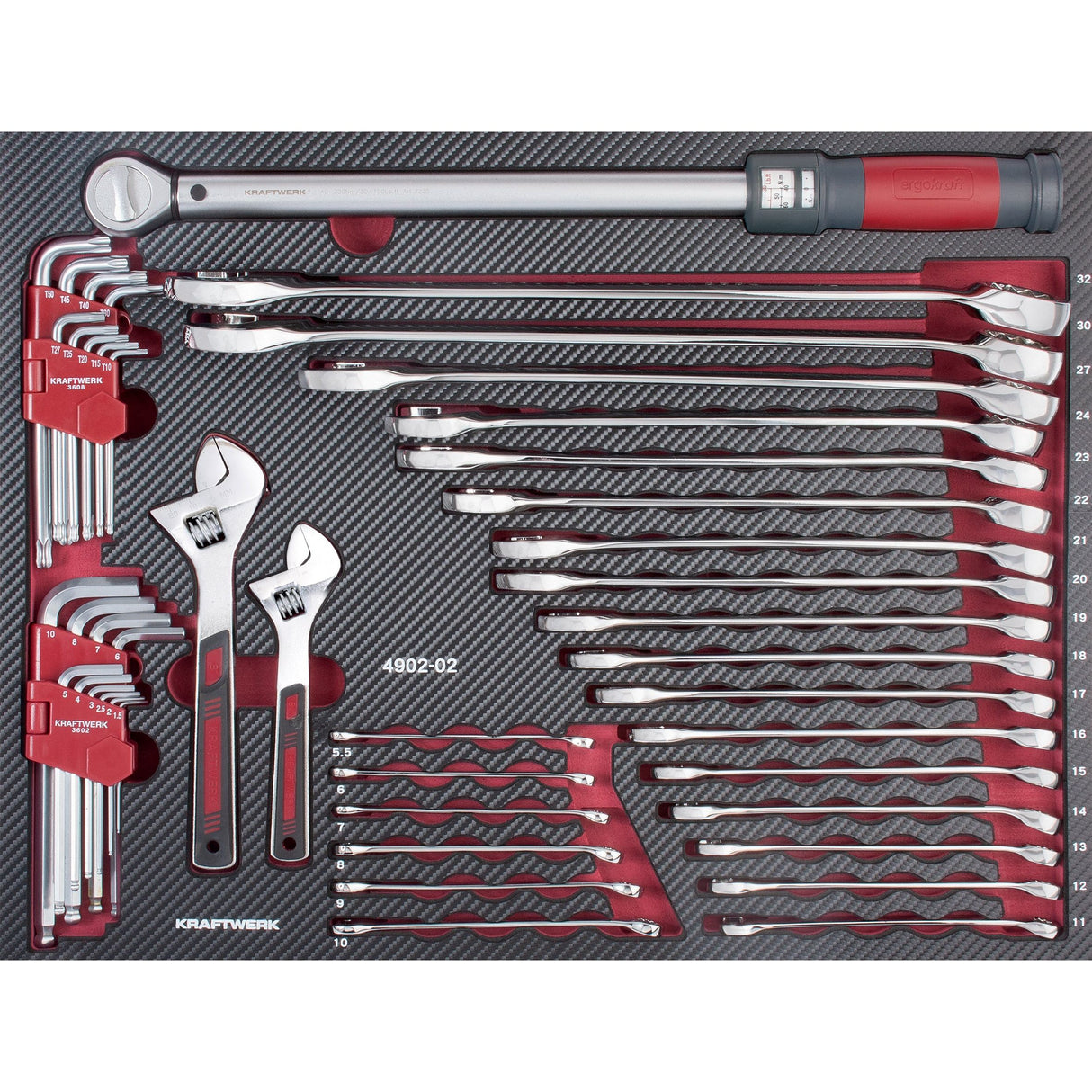 Kraftwerk PRO LINE COMPLETO Schraubenschüssel, Drehmomentschlüssel, Winkelstiftschlüssel, EVA-Einlage, 45-tlg