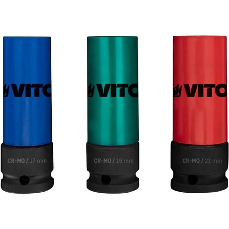 VITO Kraft-Steckschlüssel-Satz 3 Teile - Cr-Mo Stahl, Kraft-Schoneinsätze 3tlg für Alu-Felgen 17mm 19mm 21mm für Schlagschrauber, Schonnüsse, Impact Socket, 0,5 Zoll, im Werkzeugkoffer - Pro Power - VICI3MO - Tools.de TP Profishop GmbH