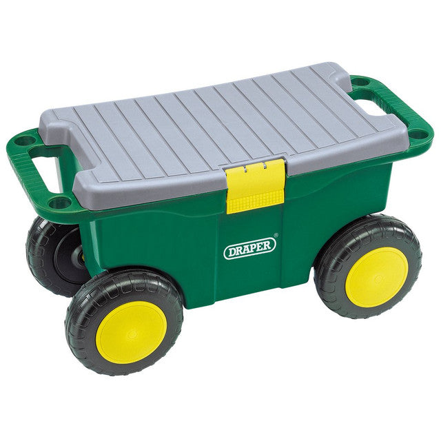 Draper Tools Gartenhocker auf Rädern mit Staufach, Gärtner-Werkzeugwagen, Gartenrollwagen Sitzhocker Gartenwagen - D60852