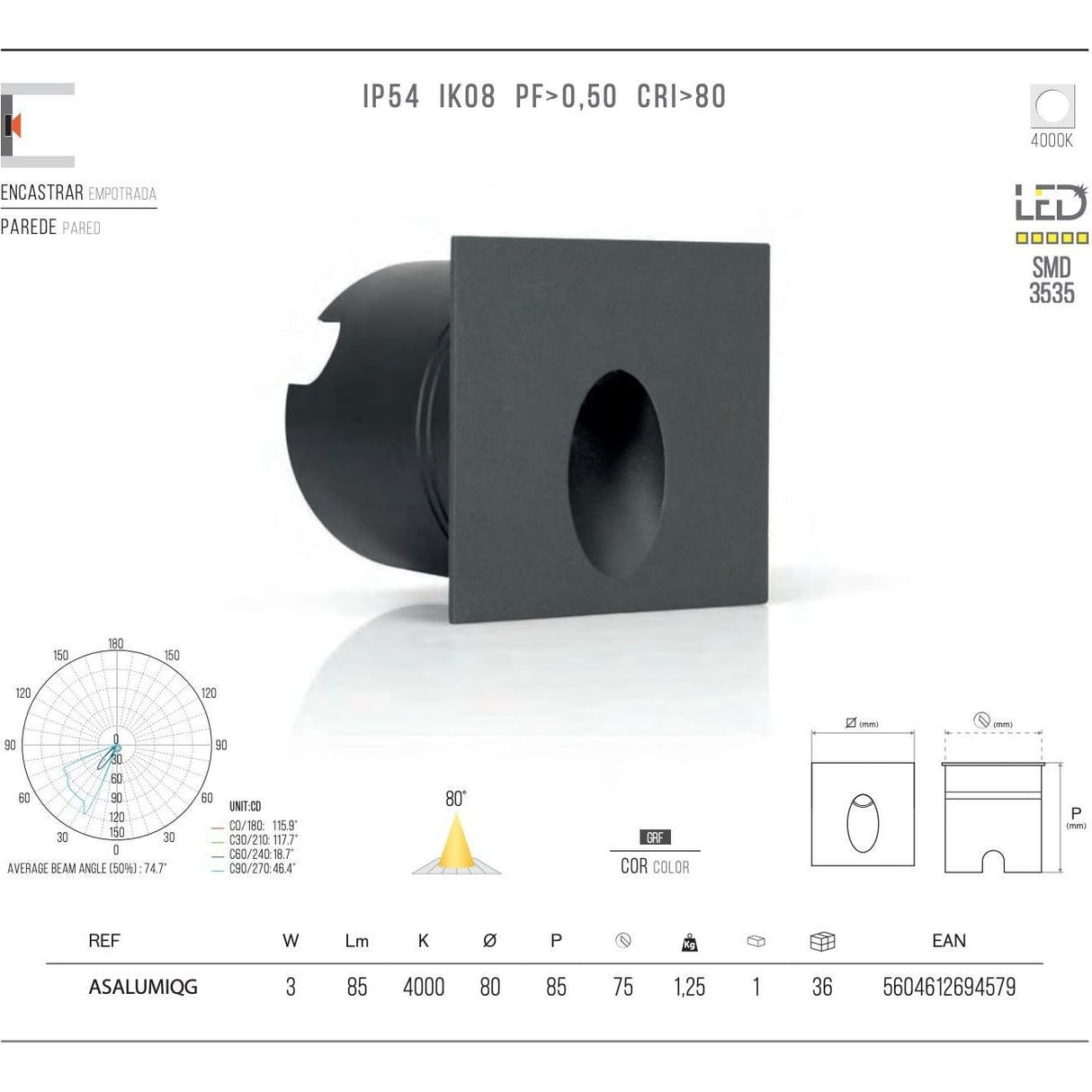 ASLO quadratische 3W Graphit-Wandeinbauleuchte IP65 LED Einbau Orientierungsleuchte für die Wand 4000K