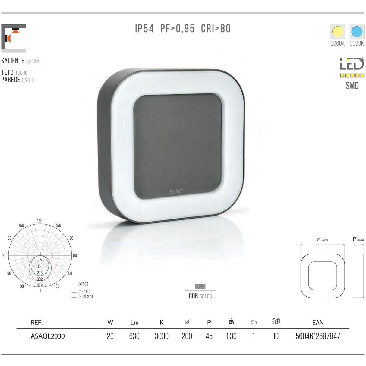 ASLO 20W 6000K IP54 LED-Außenwandleuchte, stylische  Design LED Outdoor Aussenleuchte