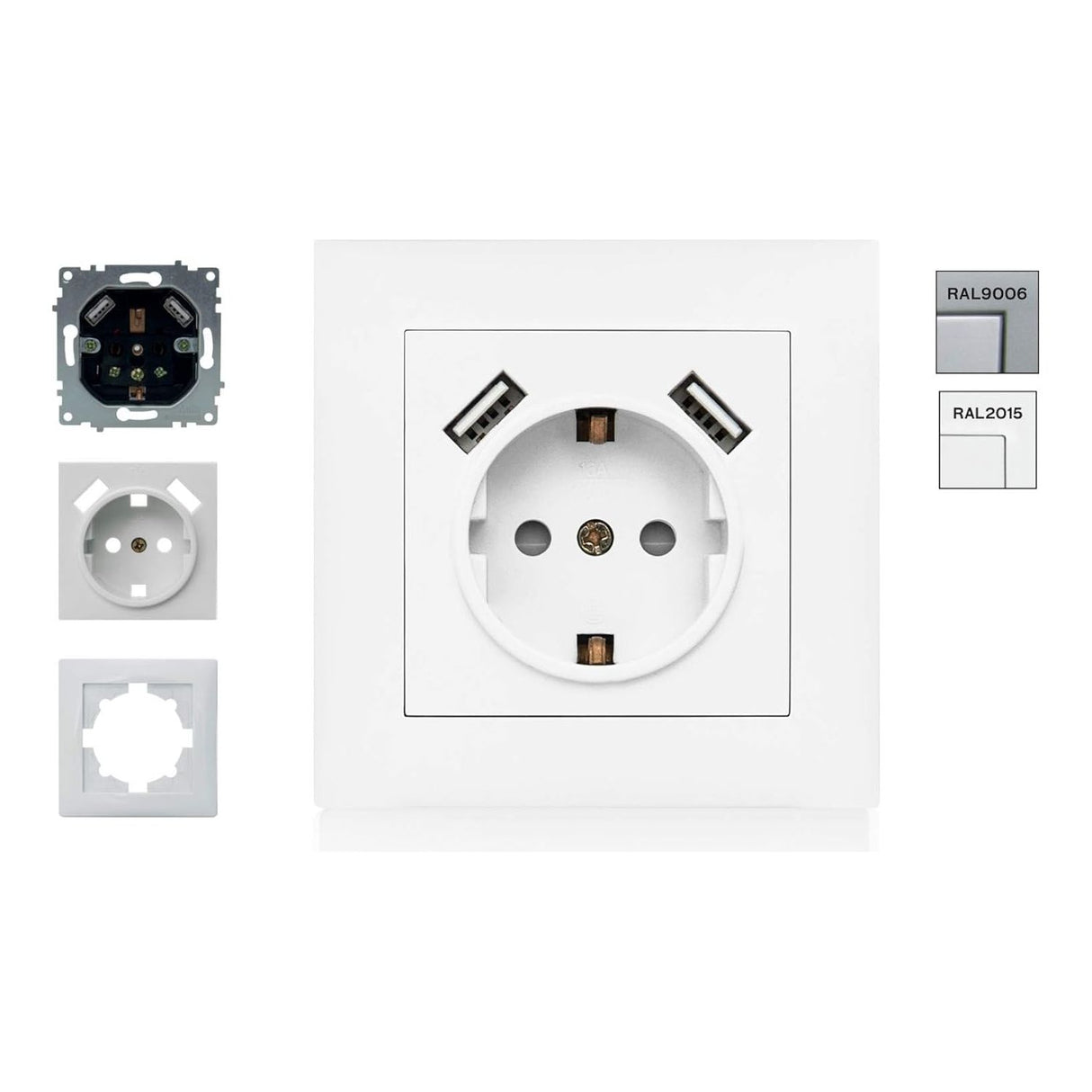 ASLO 230 V USB Schuko Steckdose mit 2 x USB Aluminium RAL 9006 - 10 Stück - ASE202023ALC - 12,95€/Stk.